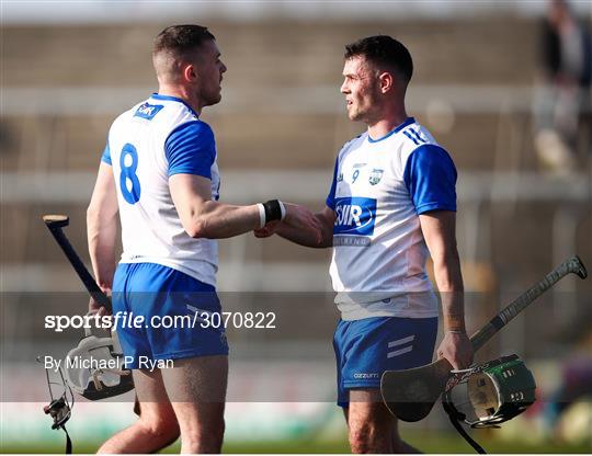 9 March 2025; Waterford players, from left, Darragh Lyons and Conor Sheahan after their side's victory in the Allianz Hurling League Division 1B match between Westmeath and Waterford at TEG Cusack Park in Mullingar, Westmeath. Photo by Michael P Ryan/Sportsfile