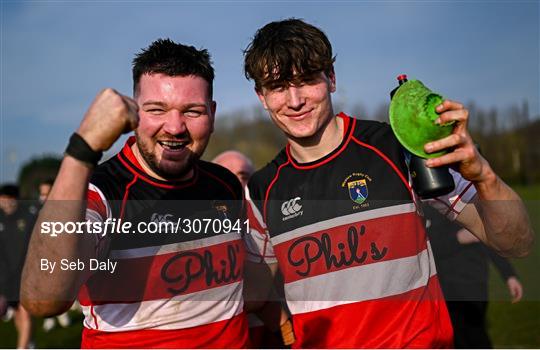 9 March 2025; Wicklow players Jay Byrne, left, and Brian Johnston celebrate after their side's victory in the Bank of Ireland Provincial Towns Cup Round 2 match between Kilkenny RFC and Wicklow RFC at Foulkstown in Kilkenny. Photo by Seb Daly/Sportsfile