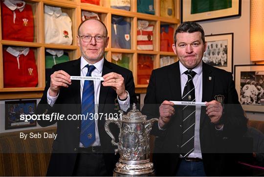 9 March 2025; Association of Referees Leinster Branch president Martin Farrelly, left, and Kilkenny RFC president Mick Hannigan draw out the club names of Wexford Wanderers and Wicklow RFC during the Bank of Ireland Provincial Towns Cup Round 3 Draw at Foulkstown in Kilkenny. Photo by Seb Daly/Sportsfile