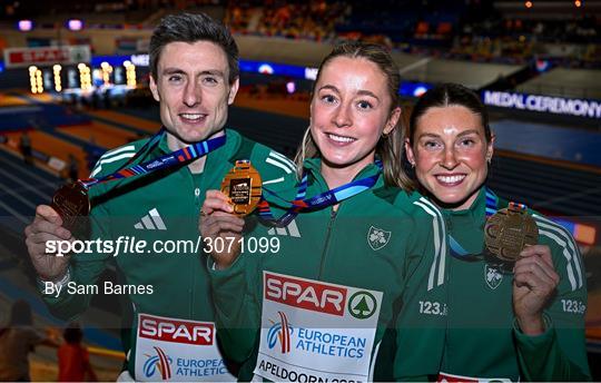 9 March 2025; Team Ireland athletes, from left, Mark English with his bronze medal from the men's 800m, Sarah Healy with her gold medal from the women's 3000m and Kate O'Connor with her bronze medal from the women's pentathlon on day four of the European Athletics Indoor Championships 2025 at the Omnisport Apeldoorn in Apeldoorn, Netherlands. Photo by Sam Barnes/Sportsfile