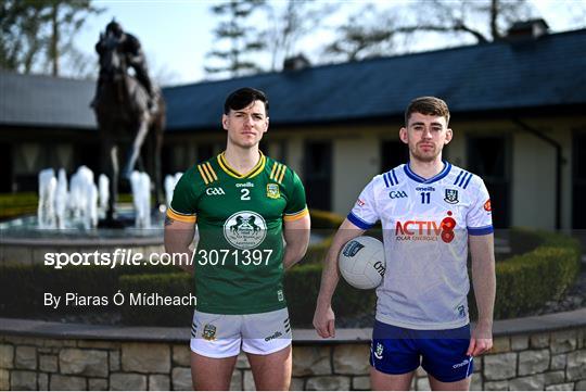 10 March 2025; Séamus Lavin of Meath and Mícheál Bannigan of Monaghan pose for a portrait before a media conference at Bective Stud in Balgil, Navan, Meath, ahead of the upcoming Allianz Football League Division 2 match between Meath and Monaghan on Sunday, March 16th. Photo by Piaras Ó Mídheach/Sportsfile