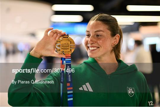 10 March 2025; Ireland athlete and bronze medalist Kate O'Connor upon her arrival at Dublin Airport from the European Athletics Indoor Championships 2025 at the Omnisport Apeldoorn in Apeldoorn, Netherlands. Photo by Piaras Ó Mídheach/Sportsfile