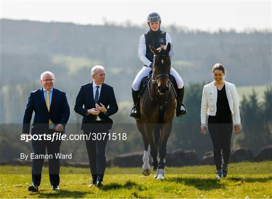 10 March 2025; Minister for State at the department of Agriculture, Food and the Marine Timmy Dooley, T.D joined HSI CEO, Denis Duggan, Head of Breeding, Innovation and Development, Dr. Sonja Egan and jockey Paul McDermott on &quot;Dilena&quot; at Banner Equestrian Centre, Co. Clare, to announce the allocation of €600,000 in Breeding Grant funds for 2025. Photo by Eamon Ward/Sportsfile