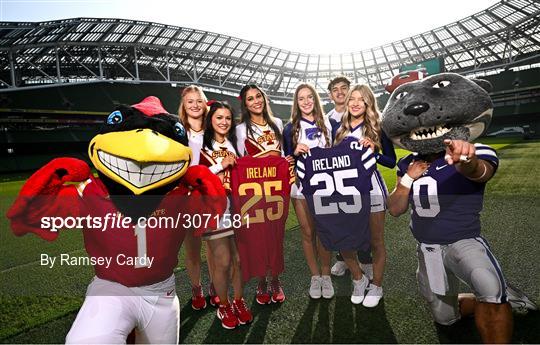 10 March 2025; Iowa State University Cheerleaders Bailey Houston, Grace Krouse, Natalie Maxwell, and Kansas State University cheerleaders Maddie Rose, Aron Castillo and Katelyn Egan, alongside mascots Cy the Cyclone and Wille the Wildcat, at the Aviva Stadium Dublin as tickets for the 2025 Aer Lingus College Football Classic between Kansas State University and Iowa State University are on sale now at www.ticketmaster.ie/collegefootball. The fixture will take place at the Aviva Stadium, Dublin, on Saturday, 23rd August 2025 and limited tickets are available. Photo by Ramsey Cardy/Sportsfile