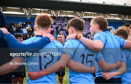 10 March 2025; St Michael's College captain Herbie Boyle, centre, after his side's victory in the Bank of Ireland Leinster Rugby Boys Schools Junior Cup semi-final match between St Michael's College and Clongowes Wood College at Energia Park in Dublin. Photo by Shauna Clinton/Sportsfile