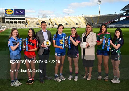 11 March 2025; At the Lidl All-Ireland Junior Post-Primary Schools Finals Captains day, held in Croke Park, Dublin, are Ladies Gaelic Football Association President, Trina Murray; and Robert Ryan, CEO Lidl Ireland; with players, from left, Cara McMoran of St Patrick's Academy, Dungannon, Tyrone, and Cara O'Brien of St Mary's Secondary School, Macroom, Cork, ahead of their Lidl All-Ireland Post Primary School Junior ‘B’ Championship Final; Alice Butler of Ursuline Secondary School, Thurles, Tipperary, and Áine Bracken of Moate Community School, Westmeath, ahead of their Lidl All-Ireland Post Primary School Junior ‘A’ Championship Final; and Isabelle O'Brien of Scoil Mhuire agus Íde, Limerick, and Caoimhe Brady of Bailieborough Community School, Cavan, ahead of their Lidl All-Ireland Post Primary School Junior ‘C’ Championship Final. Photo by Stephen McCarthy/Sportsfile