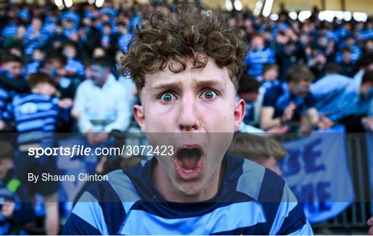 11 March 2025; Killian McGivern of St Vincent's Castleknock College celebrates after his side's victory in the Bank of Ireland Leinster Rugby Boys Schools Junior Cup semi-final match between Blackrock College and St Vincent's Castleknock College at Energia Park in Dublin. Photo by Shauna Clinton/Sportsfile