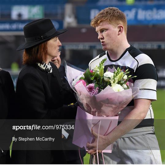 Leinster Rugby - 170315SMC1839 17 March 2015; Belvedere College captain Mike  Sweeney and CC Roscrea captain Tim Foley lead their side's out ahead of the  game. Bank of Ireland Leinster Schools Senior