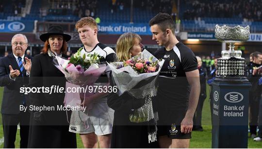 Leinster Rugby - 170315SMC1839 17 March 2015; Belvedere College captain Mike  Sweeney and CC Roscrea captain Tim Foley lead their side's out ahead of the  game. Bank of Ireland Leinster Schools Senior